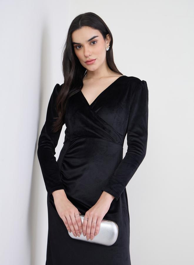 Styli Women Black Velvet Wrap Maxi Dress - Image 5